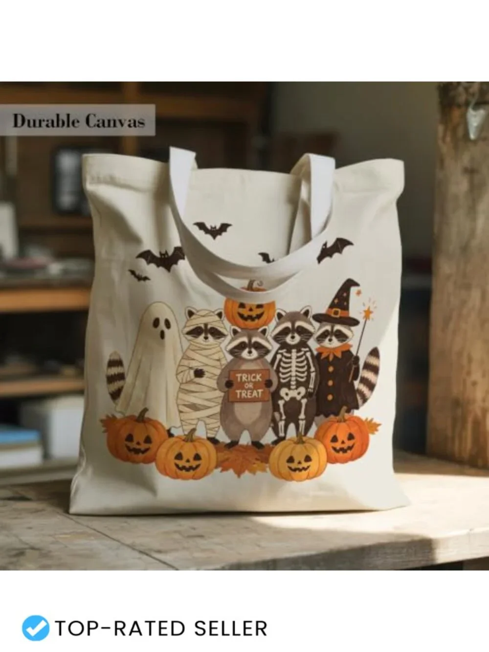 Halloween Tote Bag for Women, Canvas Carryall with Raccoon Print, Shoulder Bag,